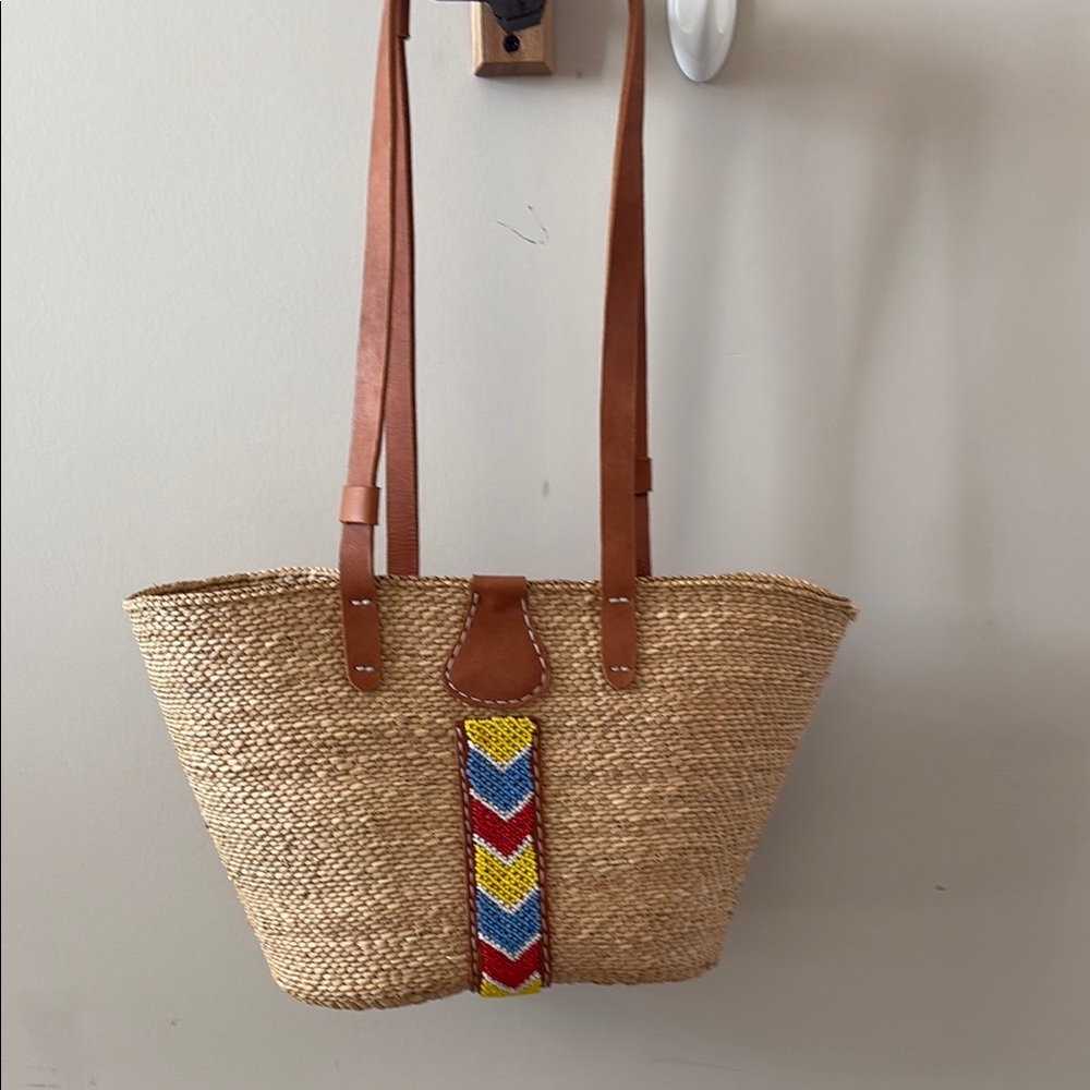 Tan and Red Woven Straw Tote Bag with Chevron Pattern